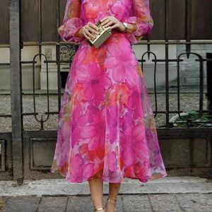Sheer Trend - Puff-Sleeve Floral Gauze Sheer Split-Round Midi