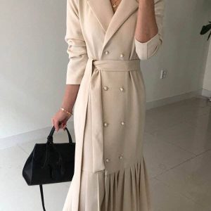 Sheer Trend - Solid Color Ruffled Belted Look-Younger Long Sleeves Lapel Collar Midi Dresses
