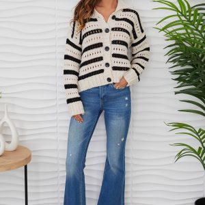 MILIO MILANO - STRIPE HOLE KNIT COLLARED CADIGAN(800855)