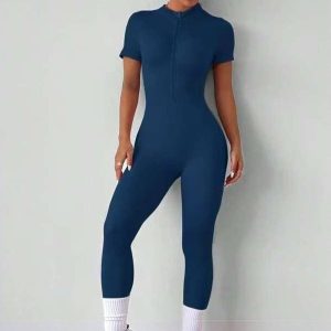 Premium seamless ribbed jumpsuit shorts sleeve front zipper