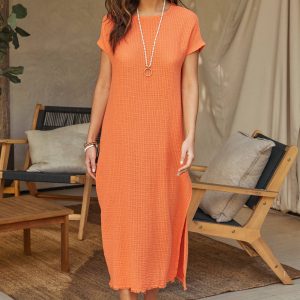 MILIO MILANO - CROSSHATCH TEXTURE SHORT SLEEVE DRESS (80660-ORANGE)