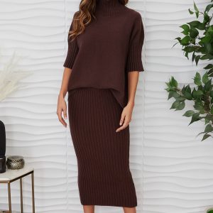MILIO MILANO - VISCOSE RIB FITTED MIDI SKIRT (27749/330104-CHOCOLATE BROWN)