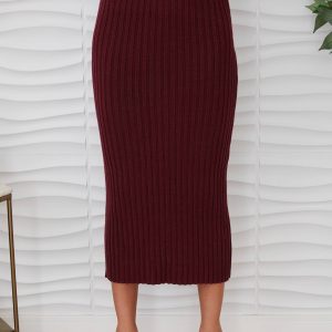 MILIO MILANO - VISCOSE RIB FITTED MIDI SKIRT (27749/330104-WINE)