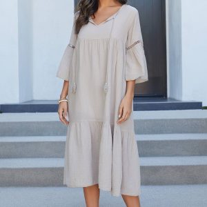 MILIO MILANO - CRINKLE GAUZE MID LENGTH CAFTAN DRESS (689201-BEIGE)