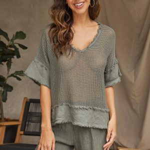 MILIO MILANO - COTTON MESH GRID SHORT SLEEVE TOP (12686/154109-ARMY GREEN)