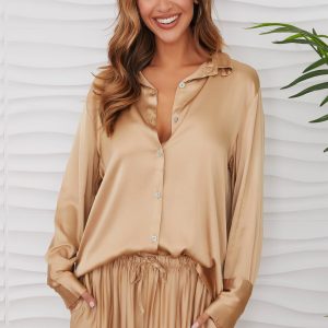 MILIO MILANO - SILKY BUTTON DOWN LONG SLEEVE TOP (11506-CHAMPGNE)