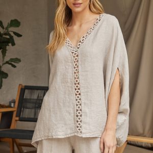 MILIO MILANO - LINEN LACE TRIM TUNIC (8-66-SOLID-XS-L-BEIGE)