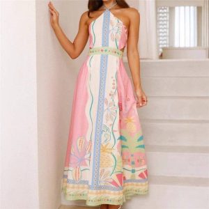 Sheer Trend - Backless Floral Print Long Dress With Neck Tie