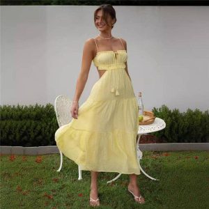 Sheer Trend - Solid Color Halter Hollow Out Patchwork Maxi Dress