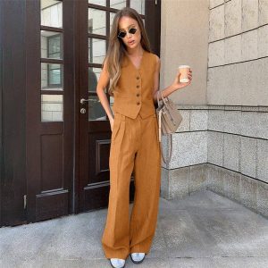 Sheer Trend - Solid Color Suit Vest And Trousers Two-Piece Set