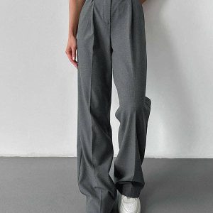 Sheer Trend - High Waisted Loose No Belt Solid Color Suit Pants Trousers