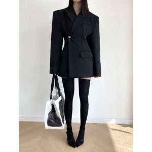 Sheer Trend - Black Mid-Length Tailored Blazer Coat
