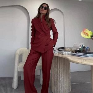Sheer Trend - Solid Color Suit Pants Two-Piece Set