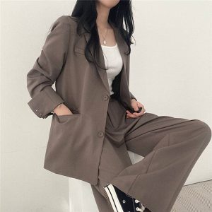 Sheer Trend - Solid Color Rolled Up Sleeves Suit Trousers Set