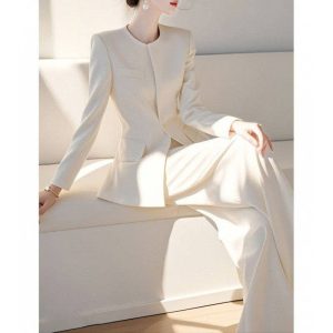 Sheer Trend - White Suit Set With Round Neck Blazer And Pants