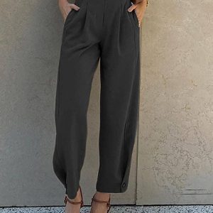 Sheer Trend - High Waisted Loose Buttoned No Belt Pleated Pockets Suit Pants