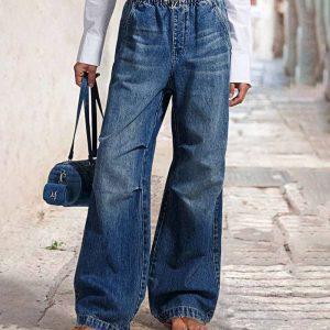 Aria Romance - High-Waisted Pleated Wide-Leg Denim Trousers
