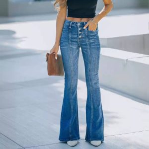 High-Waist Button Fly Flare Jeans with Seamed Detailing