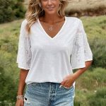 Short Sleeve V-Neck Blouse with Lace Sleeves and Relaxed Fit