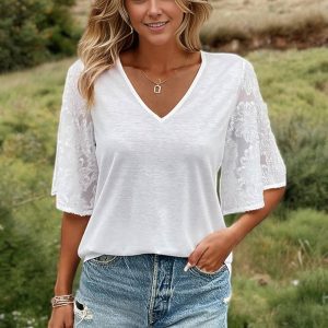 Short Sleeve V-Neck Blouse with Lace Sleeves and Relaxed Fit