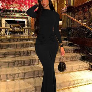 Solid Color Pleated High Waisted Fitted Long Black Dress