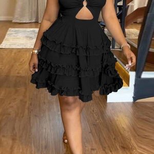 SEXY SLIM SOLID COLOR BACKLESS WOODEN EAR LACE CROSS TIE DRESS CAKE SKIRT