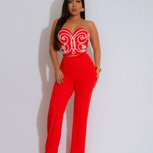 Chic Strapless Two-Piece Outfit with Solid Long Pants
