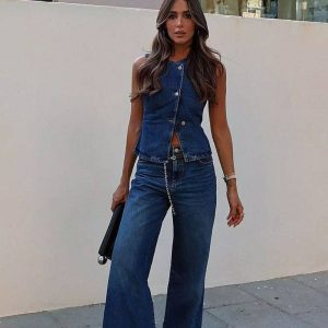 Stylish Sleeveless Waistcoat Fashion Wide-Leg Denim Suit