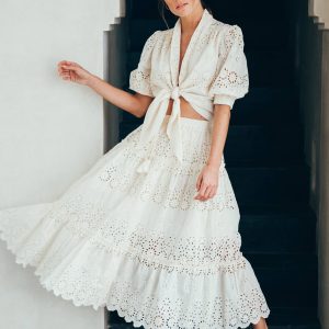 Eden Eyelet Tiered Maxi Skirt in White