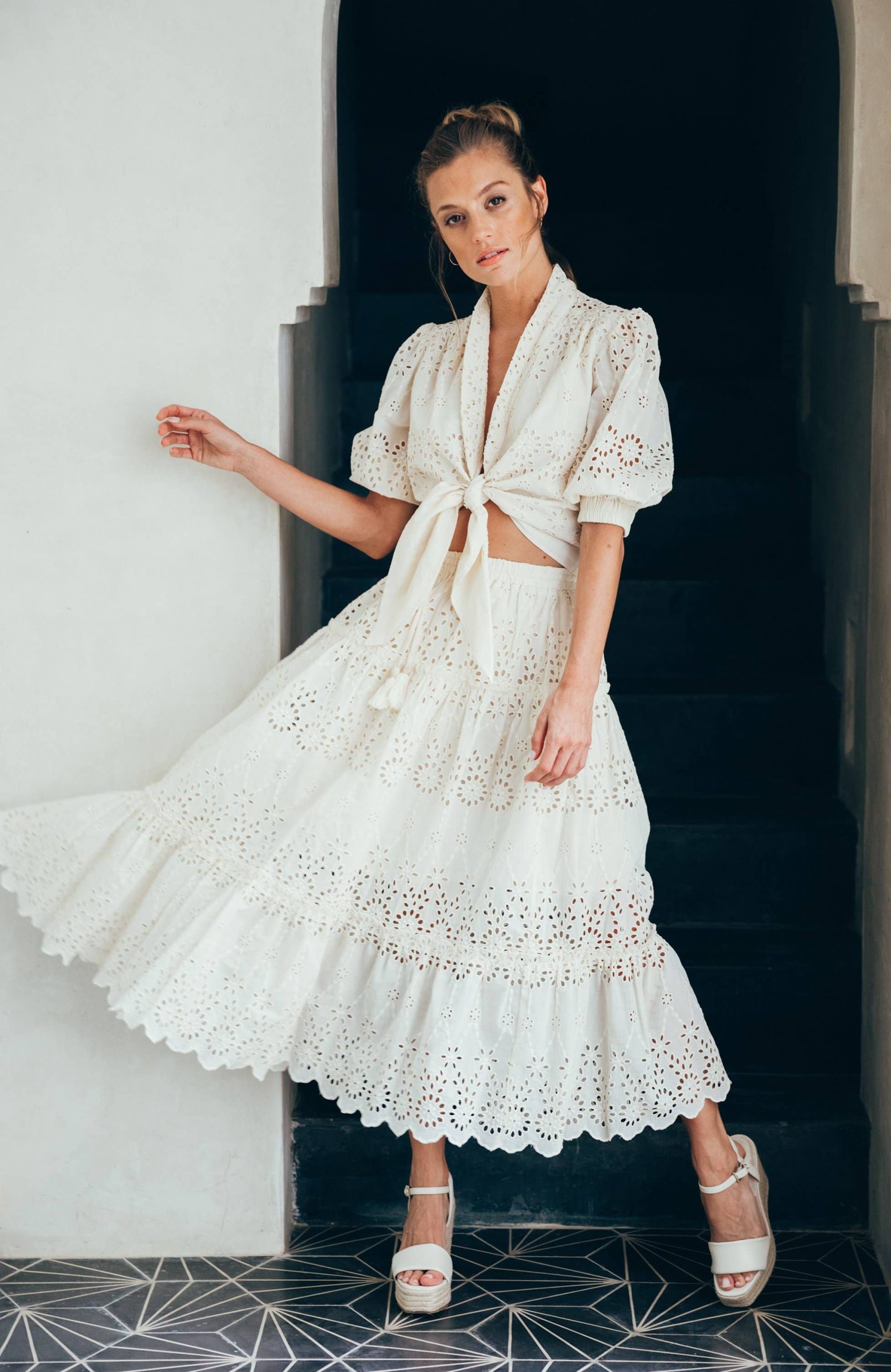 Eden Eyelet Tiered Maxi Skirt in White