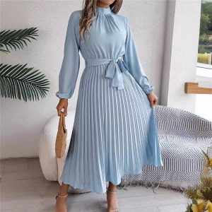 Solid Color Stand Collar Long Sleeve Pleated Maxi Dress